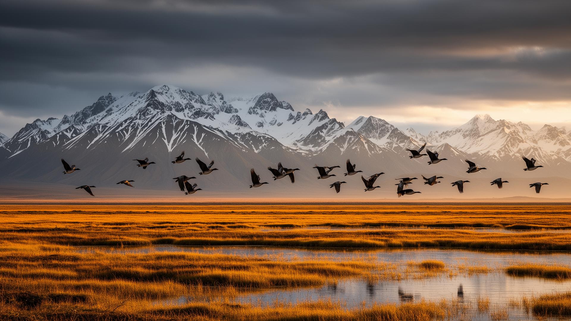 Izembek Lagoon at sunset with mountains